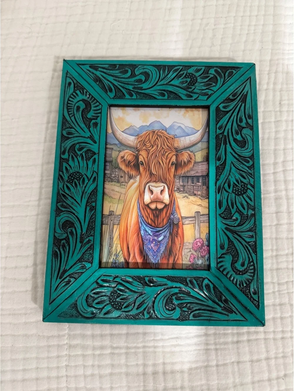Western Highland Cow Turquoise Tooled-Style Picture Frame – Rustic Cowgirl Decor